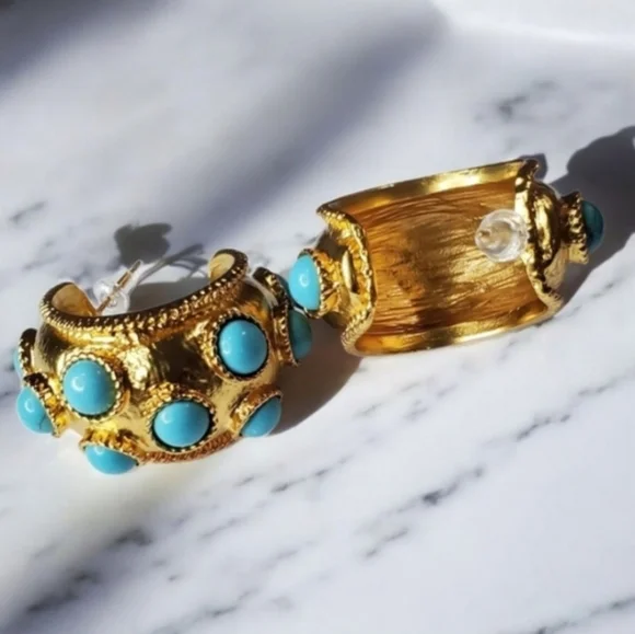 Chunky Oversized Matte Gold Byzantine Turquoise Cabochon Hoop Earrings - Picture 4 of 6